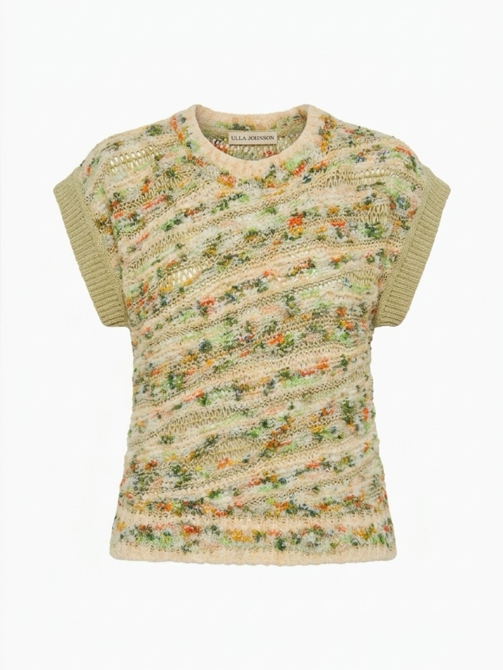 Ulla Johnson Frankie pattern Open-Knit short sleeve Sweater Top in confetti